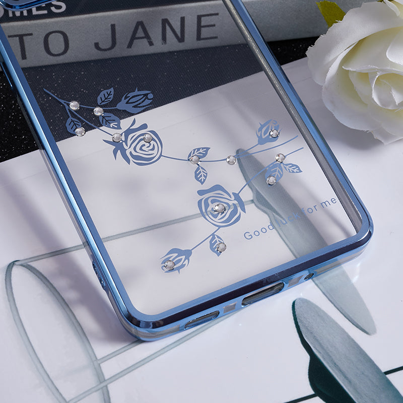 KADEM For Samsung Galaxy S20 FE / FE 5G / FE 2022 / S20 Lite Electroplating TPU Case Flower Pattern Rhinestone Phone Cover - Blue