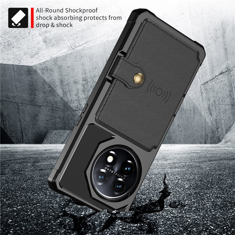 ZM03 For OnePlus 11 5G Shockproof Case PU Leather Coated TPU Phone Cover with Card Holder, Kickstand - Black