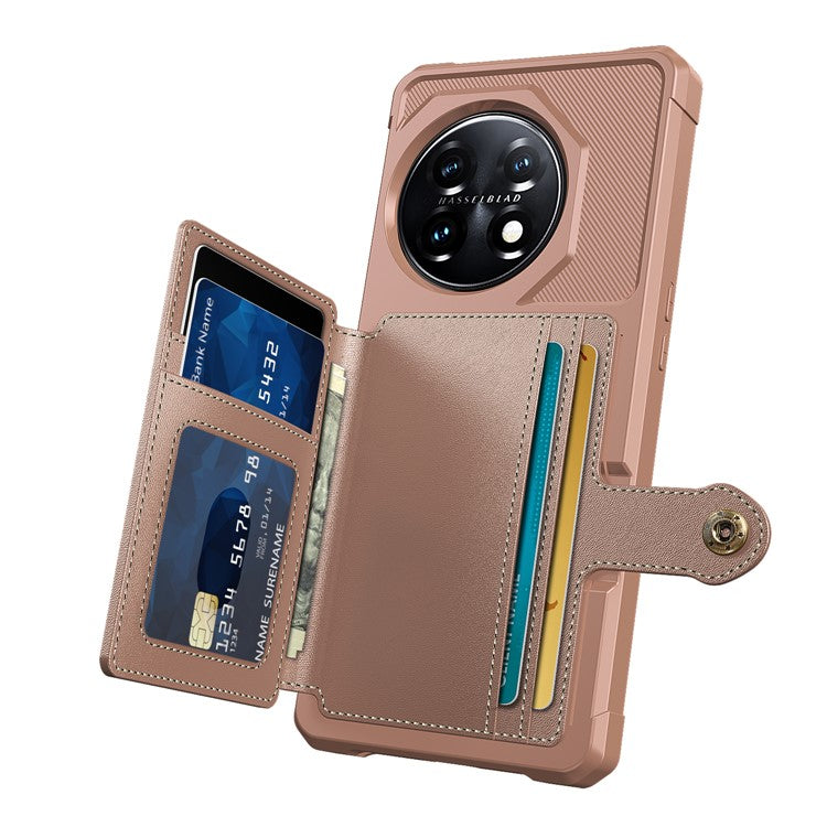 ZM03 For OnePlus 11 5G Shockproof Case PU Leather Coated TPU Phone Cover with Card Holder, Kickstand - Pink