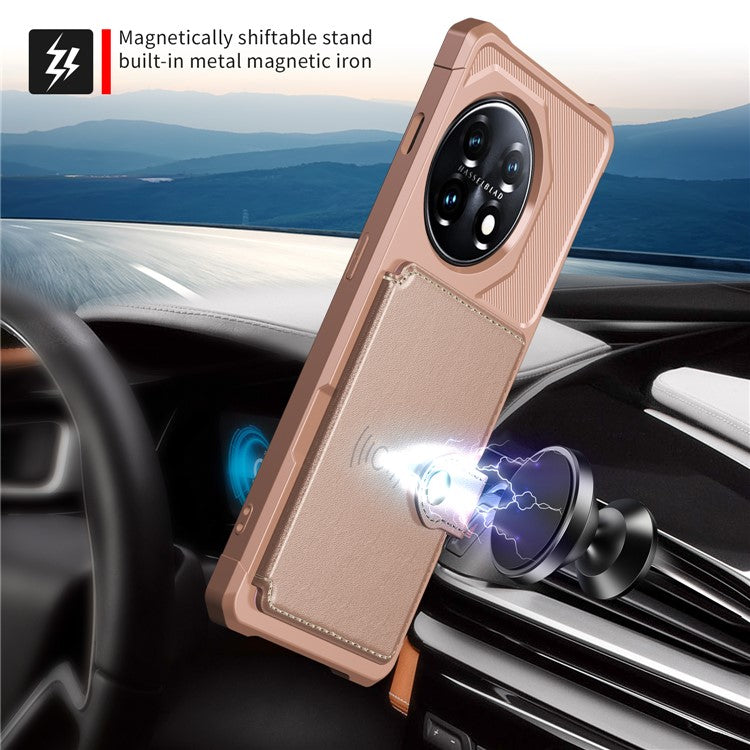 ZM03 For OnePlus 11 5G Shockproof Case PU Leather Coated TPU Phone Cover with Card Holder, Kickstand - Pink