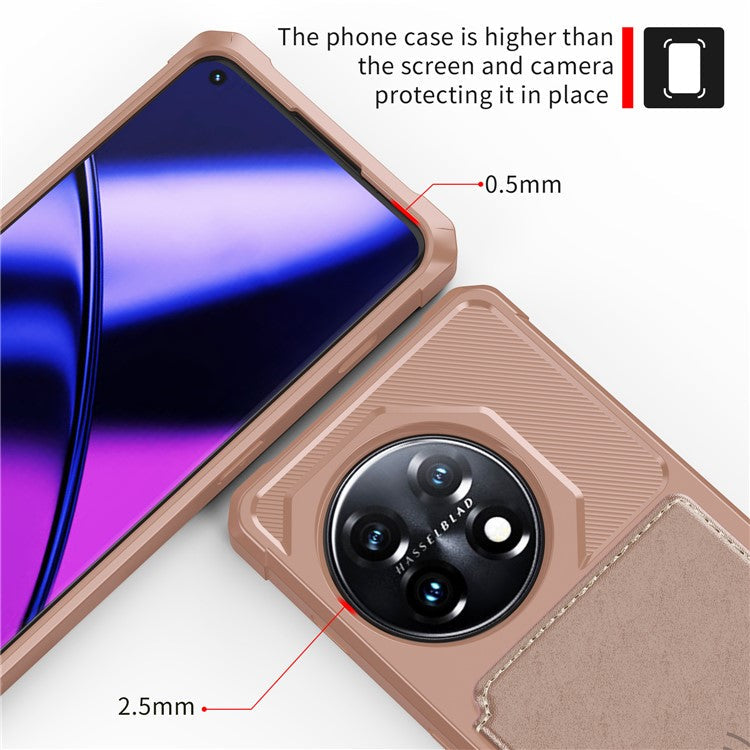 ZM03 For OnePlus 11 5G Shockproof Case PU Leather Coated TPU Phone Cover with Card Holder, Kickstand - Pink