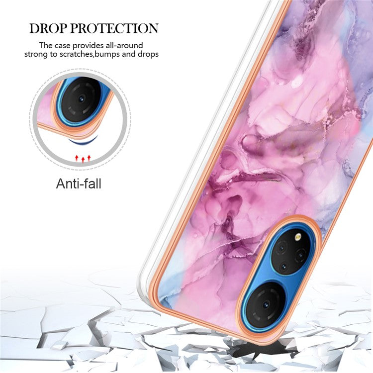 YB IMD Series-16 Style E Marble Pattern Phone Case for Honor X7 , 2.0mm Shockproof TPU IMD Electroplating Cover - Rose