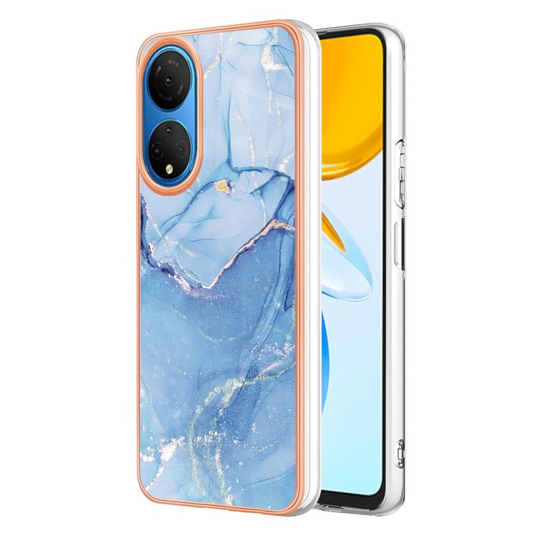 YB IMD Series-16 Style E Marble Pattern Phone Case for Honor X7 , 2.0mm Shockproof TPU IMD Electroplating Cover - Blue