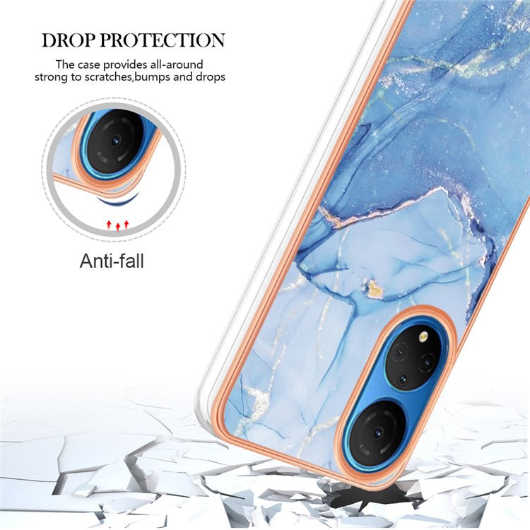 YB IMD Series-16 Style E Marble Pattern Phone Case for Honor X7 , 2.0mm Shockproof TPU IMD Electroplating Cover - Blue