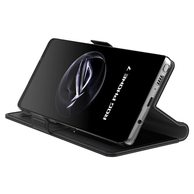 PU Leather Phone Case for Asus ROG Phone 7 5G , Mirror Card Holder Phone Stand Cover - Black