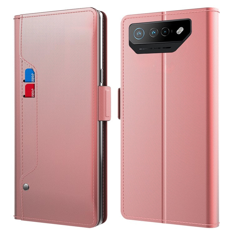 PU Leather Phone Case for Asus ROG Phone 7 5G , Mirror Card Holder Phone Stand Cover - Rose Gold