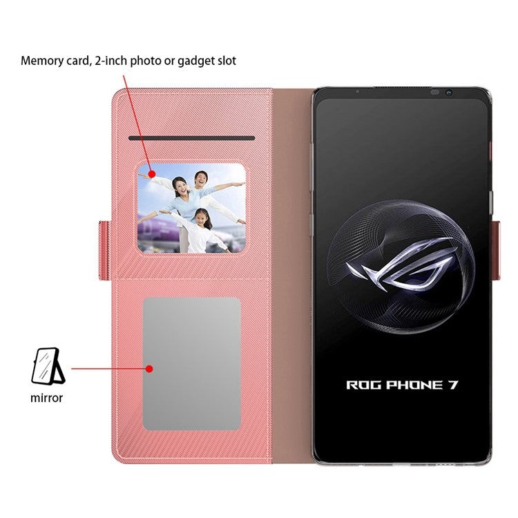 PU Leather Phone Case for Asus ROG Phone 7 5G , Mirror Card Holder Phone Stand Cover - Rose Gold