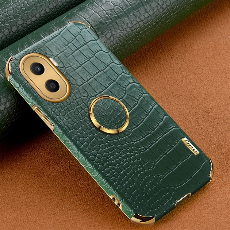 For Honor X40i 5G Ring Kickstand 6D Electroplated Case Precise Cutout Crocodile Texture Leather Coated TPU Cover - Green