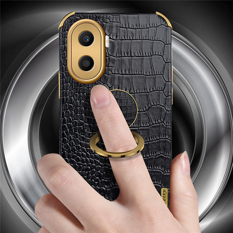 For Honor X40i 5G Ring Kickstand 6D Electroplated Case Precise Cutout Crocodile Texture Leather Coated TPU Cover - Green