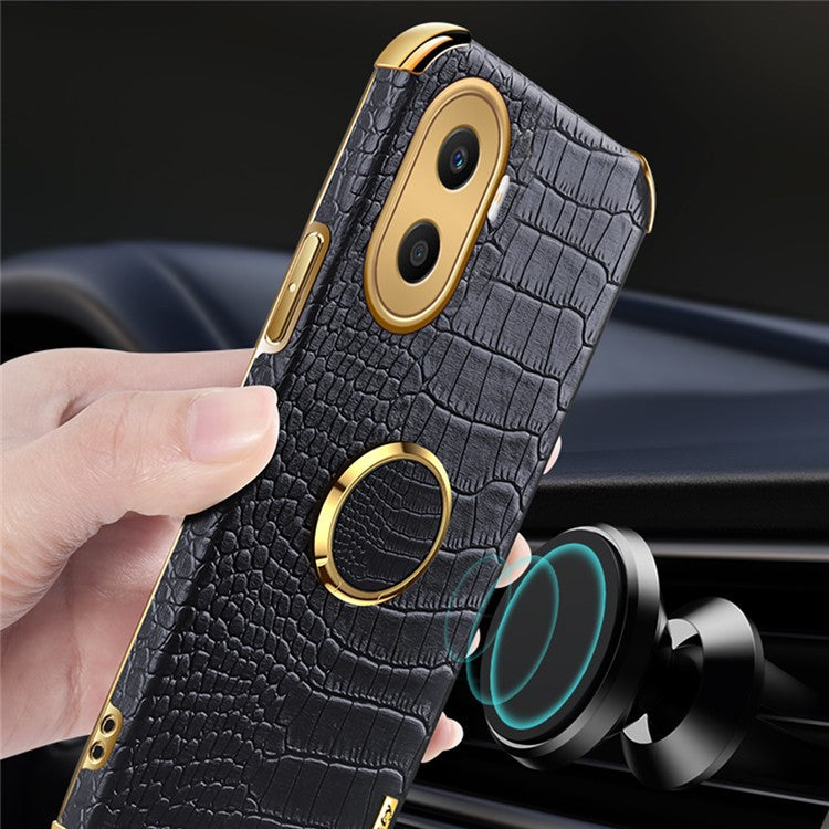 For Honor X40i 5G Ring Kickstand 6D Electroplated Case Precise Cutout Crocodile Texture Leather Coated TPU Cover - Green