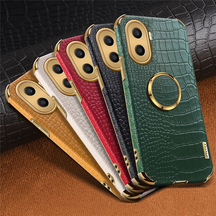 For Honor X40i 5G Ring Kickstand 6D Electroplated Case Precise Cutout Crocodile Texture Leather Coated TPU Cover - Green