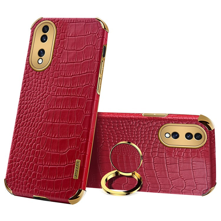For Honor 70 5G Leather Coated TPU Anti-drop Case Crocodile Texture 6D Electroplated Cover with Ring Kickstand - Red