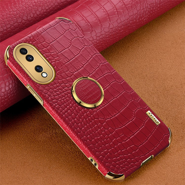 For Honor 70 5G Leather Coated TPU Anti-drop Case Crocodile Texture 6D Electroplated Cover with Ring Kickstand - Red