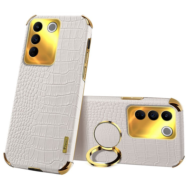 For vivo S16e 5G Precise Cutout 6D Electroplated Case Crocodile Texture Leather Coated TPU Cover with Ring Kickstand - White