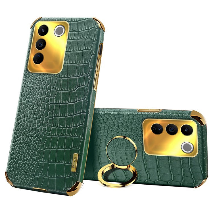 For vivo S16e 5G Precise Cutout 6D Electroplated Case Crocodile Texture Leather Coated TPU Cover with Ring Kickstand - Green
