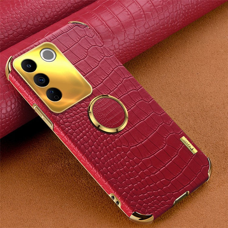 For vivo S16e 5G Precise Cutout 6D Electroplated Case Crocodile Texture Leather Coated TPU Cover with Ring Kickstand - Red