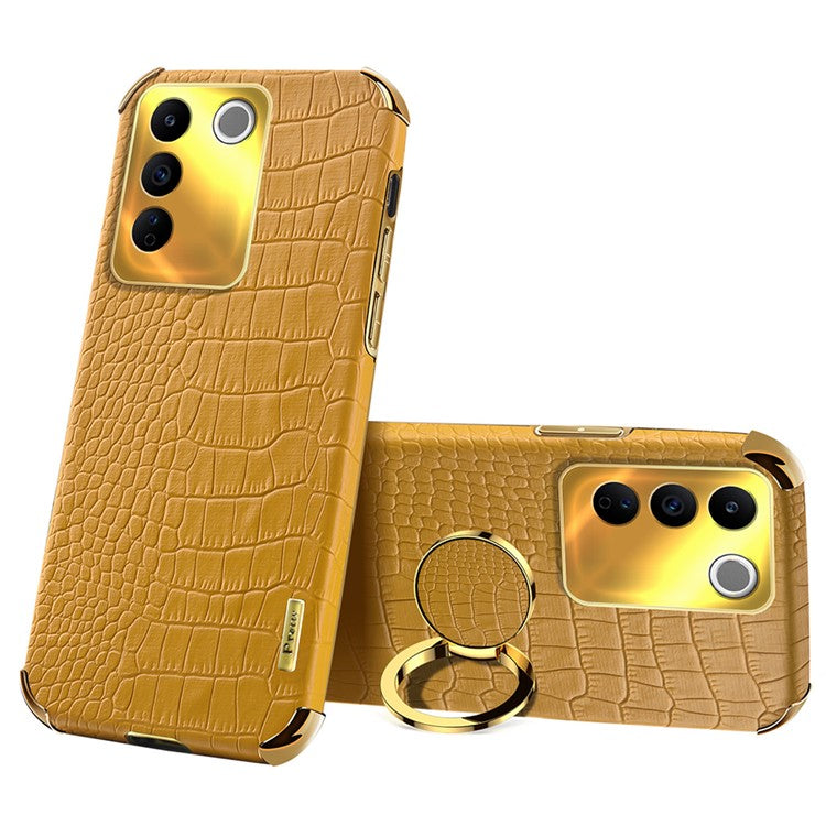 For vivo S16e 5G Precise Cutout 6D Electroplated Case Crocodile Texture Leather Coated TPU Cover with Ring Kickstand - Yellow
