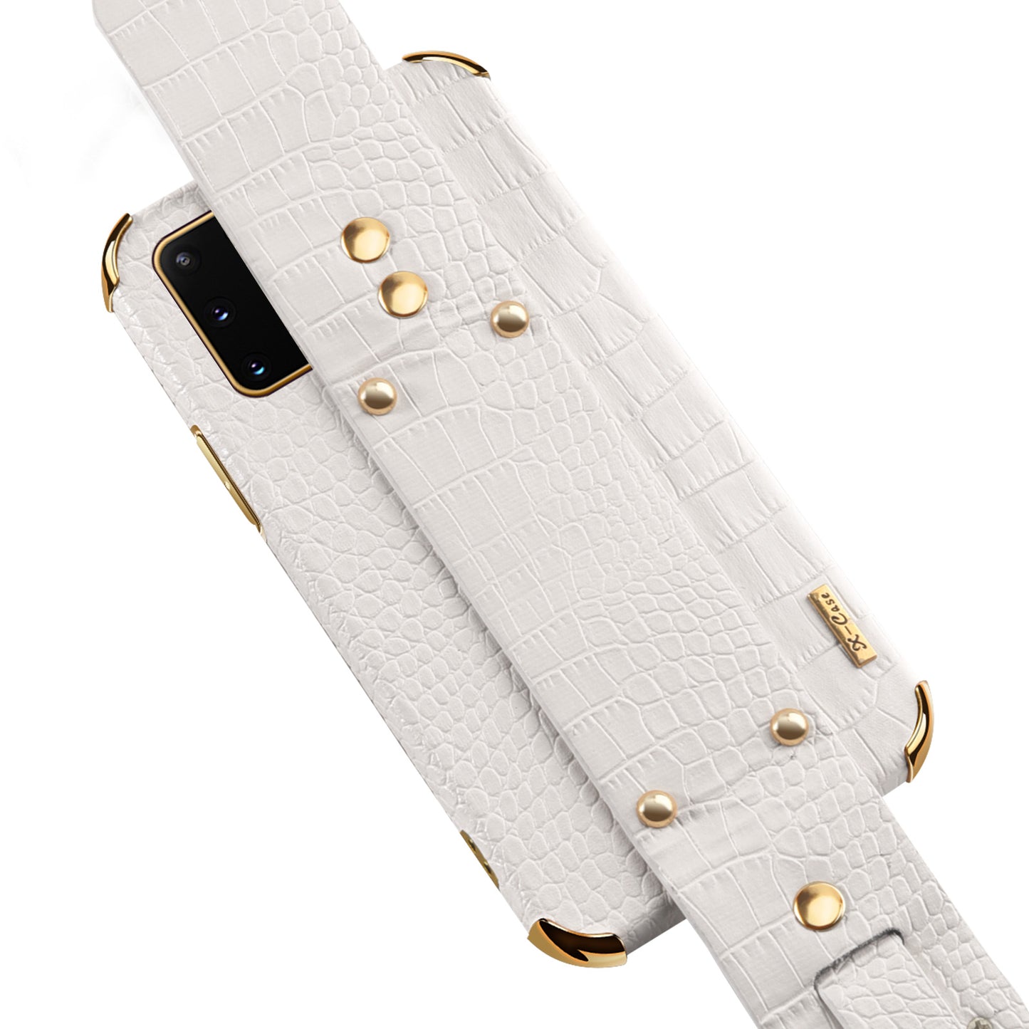 For Samsung Galaxy S20 Plus 5G / 4G Crocodile Texture Wristband Case 6D Electroplating PU Leather + TPU Phone Cover - White