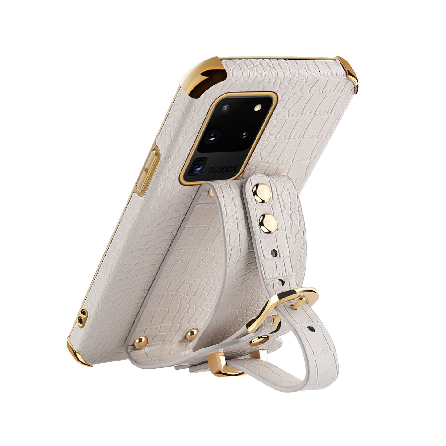 For Samsung Galaxy S20 Ultra Crocodile Texture Leather Coated TPU Phone Case 6D Electroplating Anti-drop Cover with Wristband - White