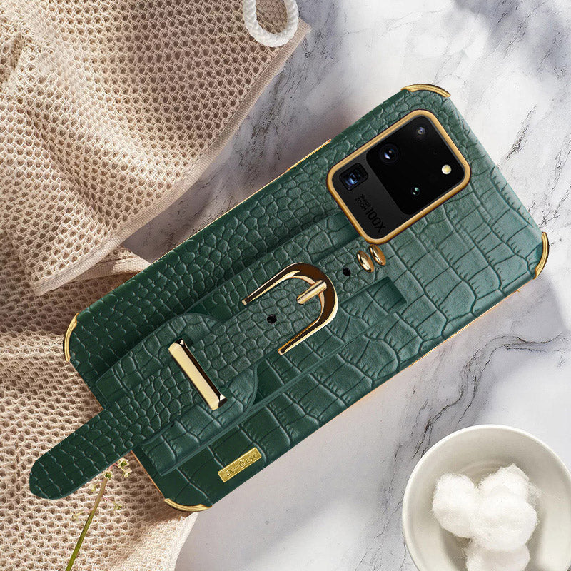 For Samsung Galaxy S20 Ultra Crocodile Texture Leather Coated TPU Phone Case 6D Electroplating Anti-drop Cover with Wristband - Green