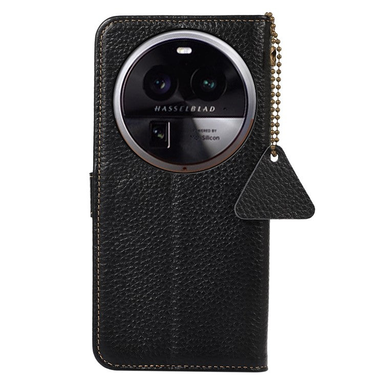 Phone Cover for Oppo Find X6 Pro RFID Blocking Litchi Texture Genuine Cow Leather Wallet Stand Case - Black