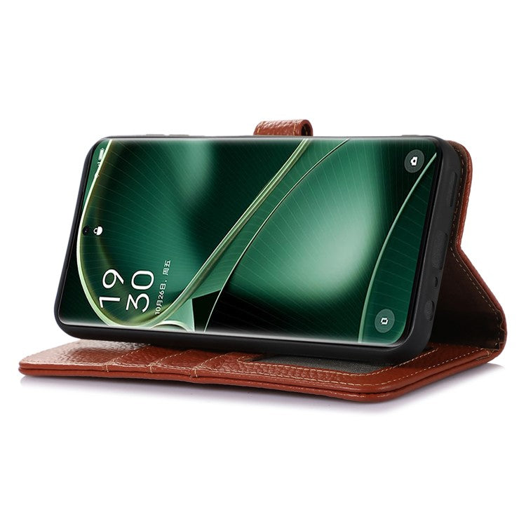 Phone Cover for Oppo Find X6 Pro RFID Blocking Litchi Texture Genuine Cow Leather Wallet Stand Case - Brown