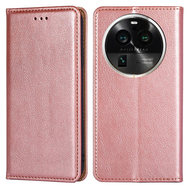 Phone Stand Case for Oppo Find X6 Pro Magnetic Auto-closing PU Leather Wallet Drop-proof Cover - Rose Gold