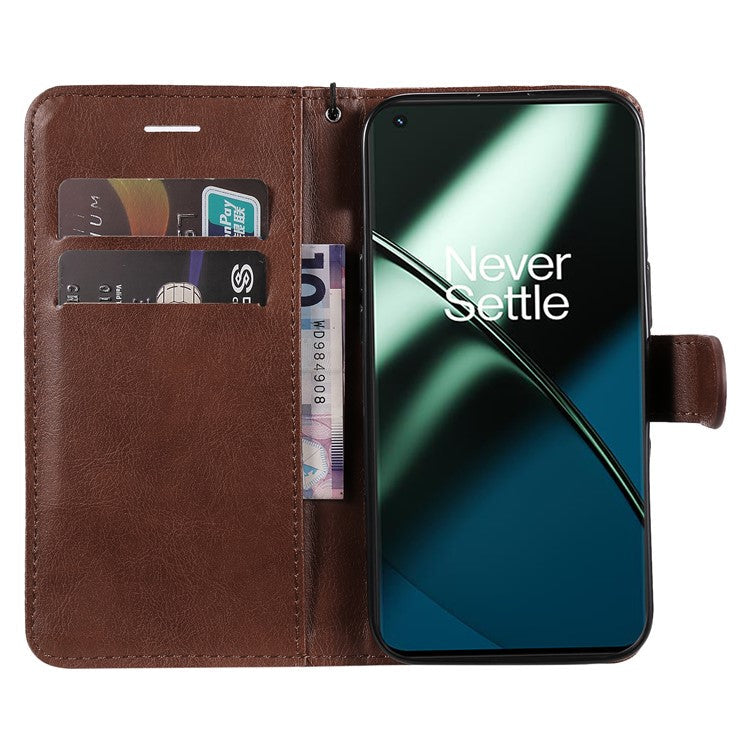 KT Leather Series-2 For OnePlus 11 5G Flip Stand Phone Cover PU Leather Solid Color Wallet Case - Brown