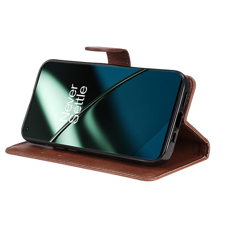 KT Leather Series-2 For OnePlus 11 5G Flip Stand Phone Cover PU Leather Solid Color Wallet Case - Brown
