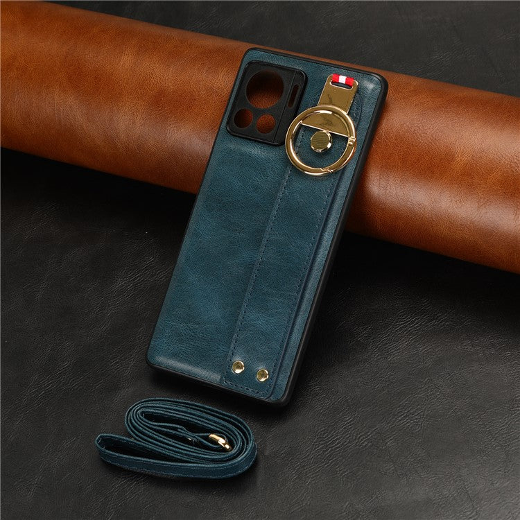 For Motorola Edge 30 Ultra 5G / Moto X30 Pro 5G Phone Case Leather Coated PC+TPU Wristband Kickstand Cover with Neck Strap - Blue