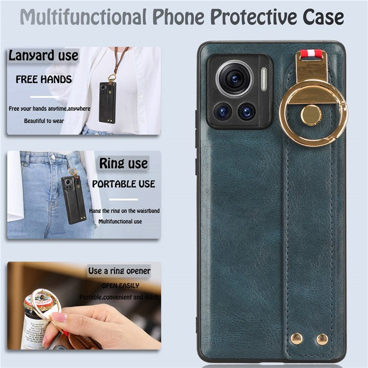 For Motorola Edge 30 Ultra 5G / Moto X30 Pro 5G Phone Case Leather Coated PC+TPU Wristband Kickstand Cover with Neck Strap - Blue