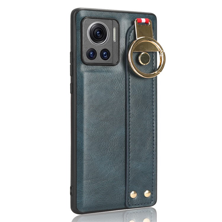 For Motorola Edge 30 Ultra 5G / Moto X30 Pro 5G Phone Case Leather Coated PC+TPU Wristband Kickstand Cover with Neck Strap - Blue