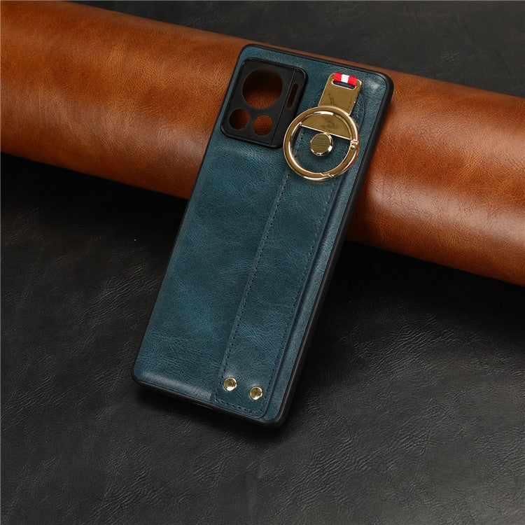 For Motorola Edge 30 Ultra 5G / Moto X30 Pro 5G Phone Case Leather Coated PC+TPU Wristband Kickstand Cover with Neck Strap - Blue