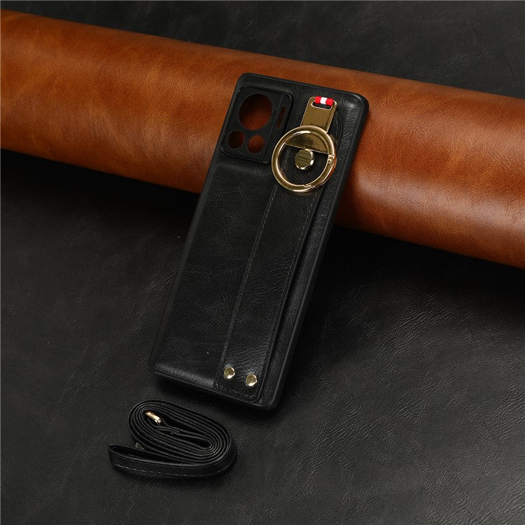 For Motorola Edge 30 Ultra 5G / Moto X30 Pro 5G Phone Case Leather Coated PC+TPU Wristband Kickstand Cover with Neck Strap - Black
