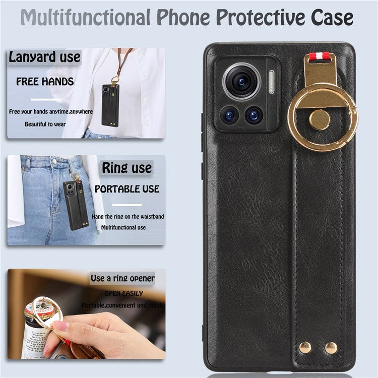 For Motorola Edge 30 Ultra 5G / Moto X30 Pro 5G Phone Case Leather Coated PC+TPU Wristband Kickstand Cover with Neck Strap - Black