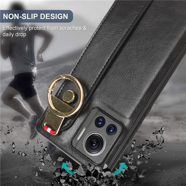 For Motorola Edge 30 Ultra 5G / Moto X30 Pro 5G Phone Case Leather Coated PC+TPU Wristband Kickstand Cover with Neck Strap - Black