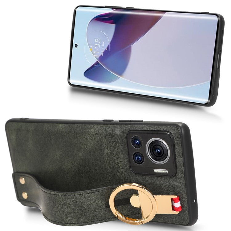 For Motorola Edge 30 Ultra 5G / Moto X30 Pro 5G Phone Case Leather Coated PC+TPU Wristband Kickstand Cover with Neck Strap - Green