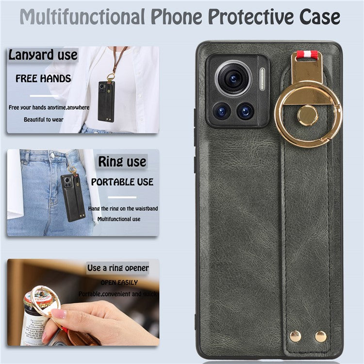 For Motorola Edge 30 Ultra 5G / Moto X30 Pro 5G Phone Case Leather Coated PC+TPU Wristband Kickstand Cover with Neck Strap - Green