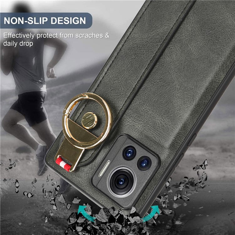 For Motorola Edge 30 Ultra 5G / Moto X30 Pro 5G Phone Case Leather Coated PC+TPU Wristband Kickstand Cover with Neck Strap - Green