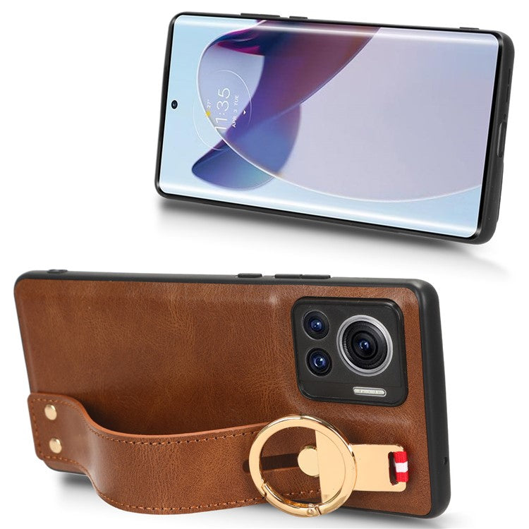 For Motorola Edge 30 Ultra 5G / Moto X30 Pro 5G Phone Case Leather Coated PC+TPU Wristband Kickstand Cover with Neck Strap - Brown