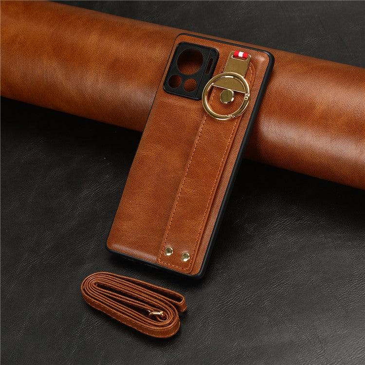 For Motorola Edge 30 Ultra 5G / Moto X30 Pro 5G Phone Case Leather Coated PC+TPU Wristband Kickstand Cover with Neck Strap - Brown