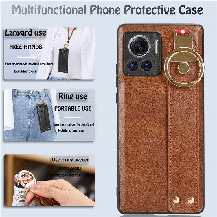 For Motorola Edge 30 Ultra 5G / Moto X30 Pro 5G Phone Case Leather Coated PC+TPU Wristband Kickstand Cover with Neck Strap - Brown