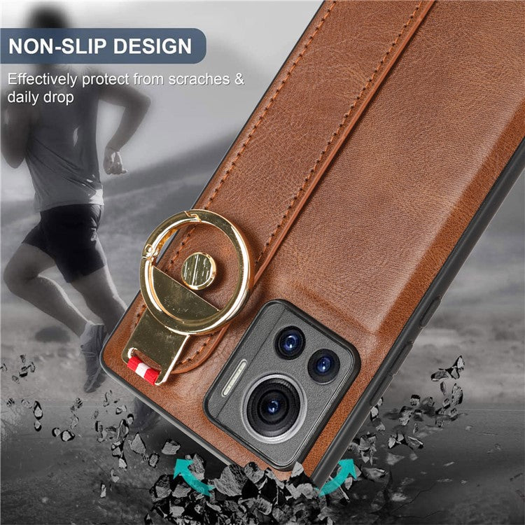 For Motorola Edge 30 Ultra 5G / Moto X30 Pro 5G Phone Case Leather Coated PC+TPU Wristband Kickstand Cover with Neck Strap - Brown