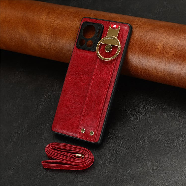 For Motorola Edge 30 Ultra 5G / Moto X30 Pro 5G Phone Case Leather Coated PC+TPU Wristband Kickstand Cover with Neck Strap - Red