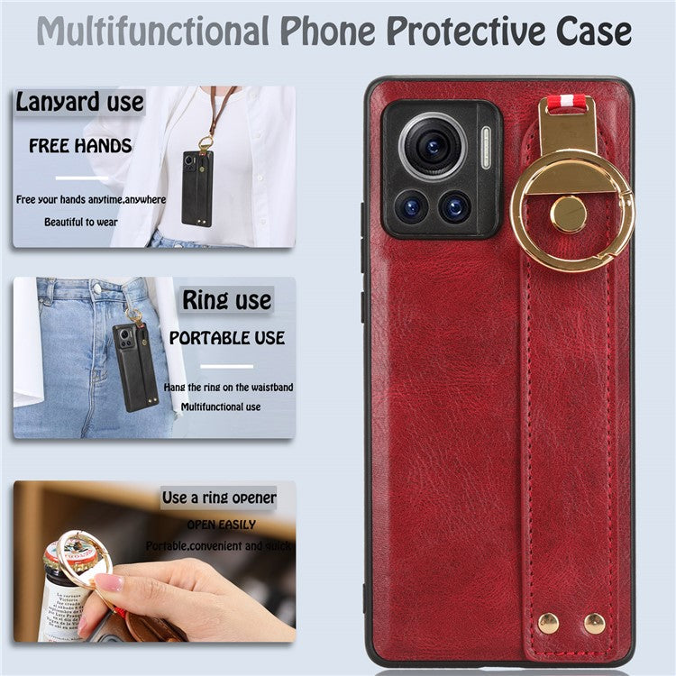 For Motorola Edge 30 Ultra 5G / Moto X30 Pro 5G Phone Case Leather Coated PC+TPU Wristband Kickstand Cover with Neck Strap - Red