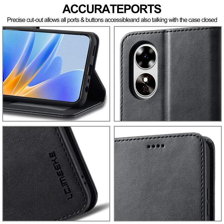 LC.IMEEKE Phone Cover for Oppo A78 5G / A58 5G / A58x 5G PU Leather Calf Texture Stand Wallet Case - Black