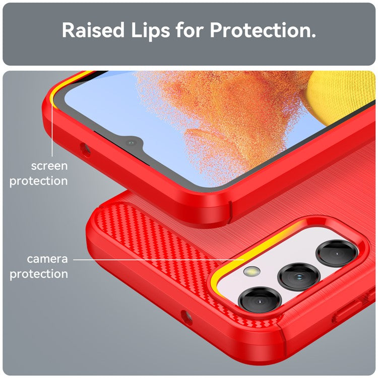 Carbon Fiber Texture Phone Case for Samsung Galaxy M14 5G , Anti-drop Brushed TPU Cover - Red