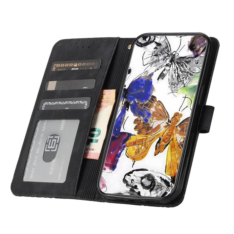 For Samsung Galaxy M53 5G Stand Case, PU Leather Wallet Butterfly Imprinted Skin-touch Phone Cover - Black