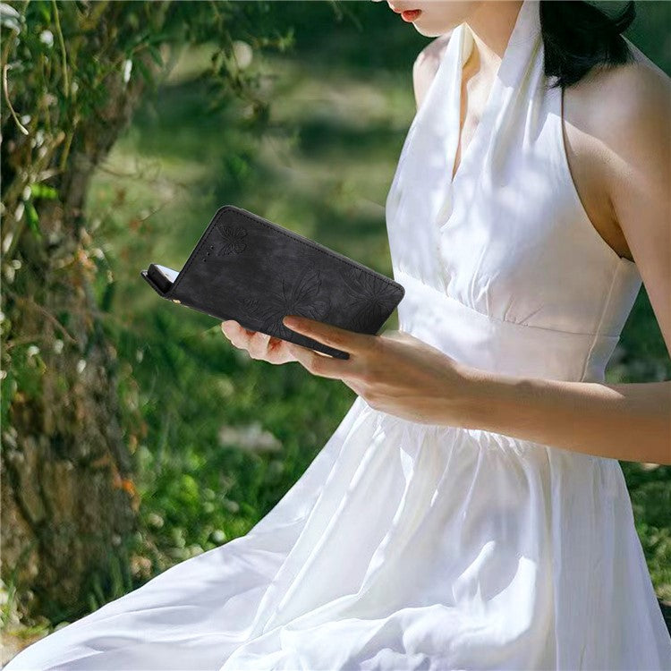 For Samsung Galaxy M53 5G Stand Case, PU Leather Wallet Butterfly Imprinted Skin-touch Phone Cover - Black