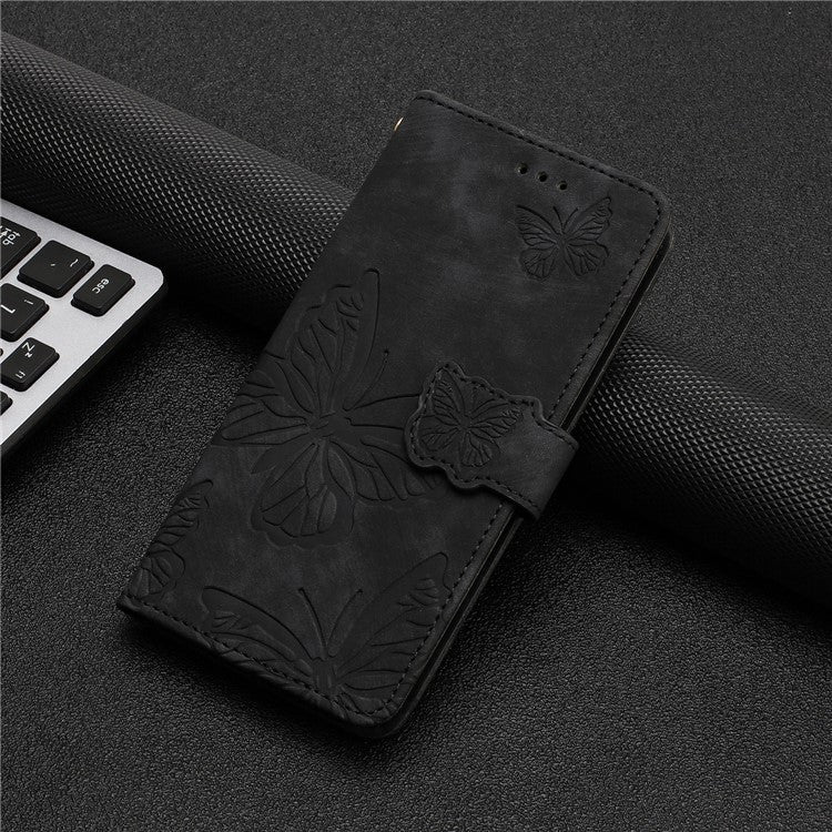 For Samsung Galaxy M53 5G Stand Case, PU Leather Wallet Butterfly Imprinted Skin-touch Phone Cover - Black